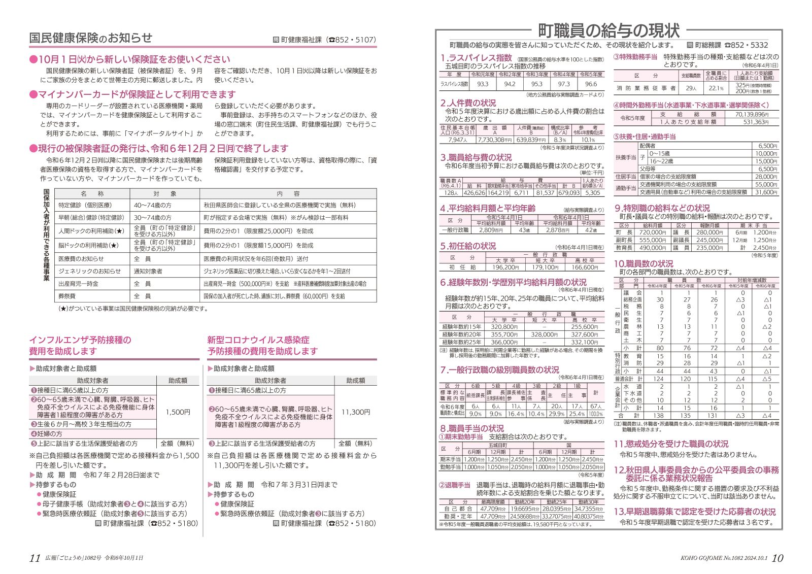 10-11㌻　町職員の給与の現状／国民健康保険のお知らせ／予防接種費用の助成