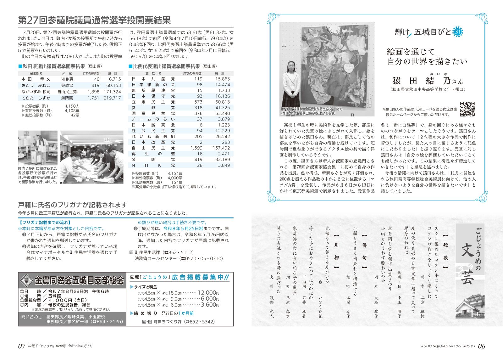 6-7㌻　輝け！五城目びと／ごじょうめの文芸／第27回参議院議員通常選挙開票結果　など