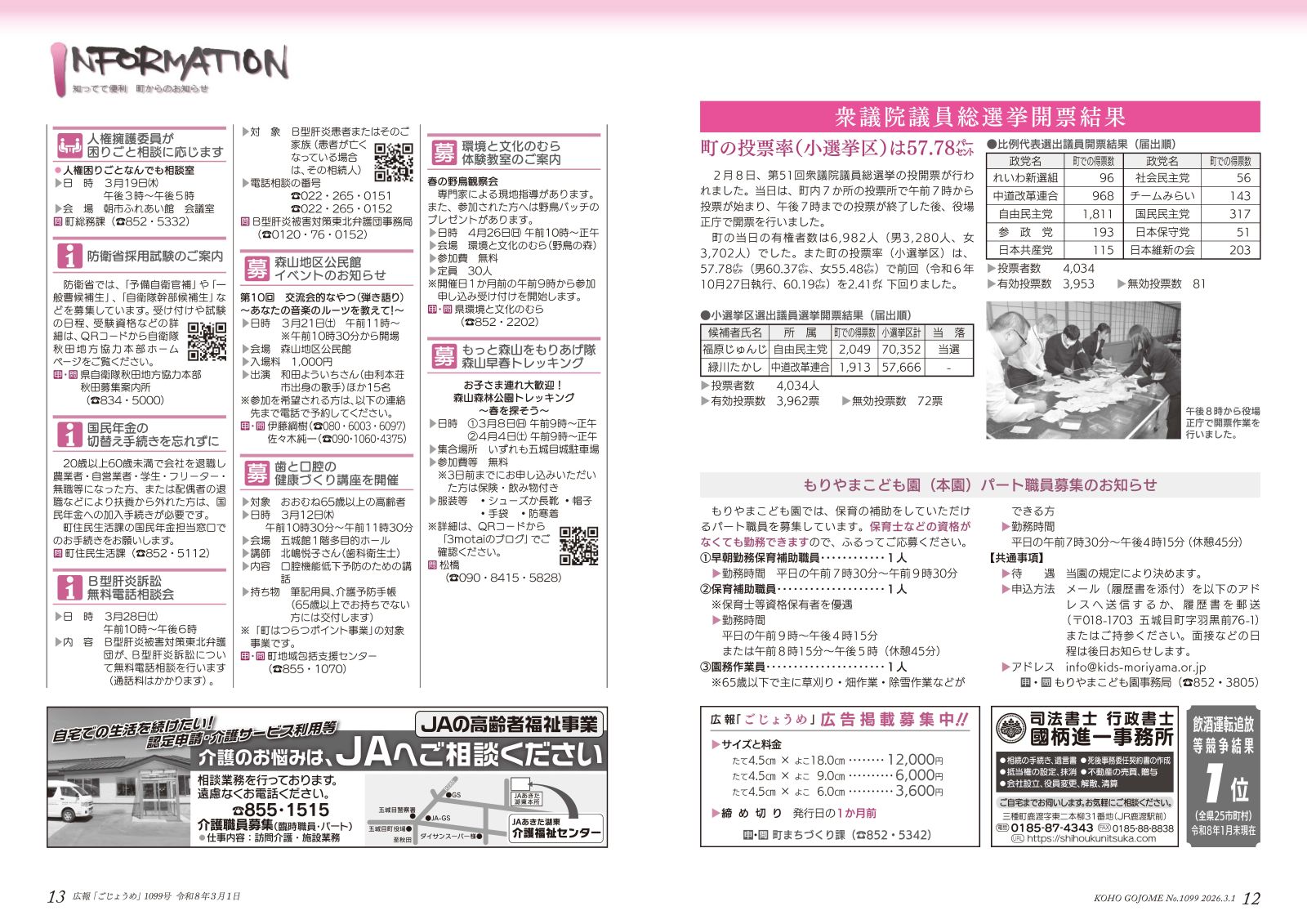 12-13㌻ 衆議院議員総選挙開票結果/もりやまこども園(本園)パート職員募集/インフォメーション など
